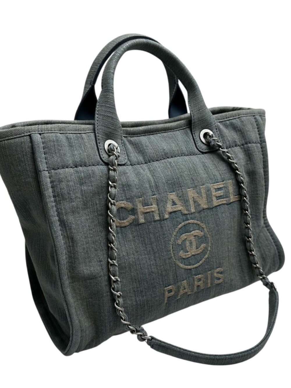 CHANEL Light Blue Denim Medium Deauville Logo Tote Bag SHW - Picture 3 of 16